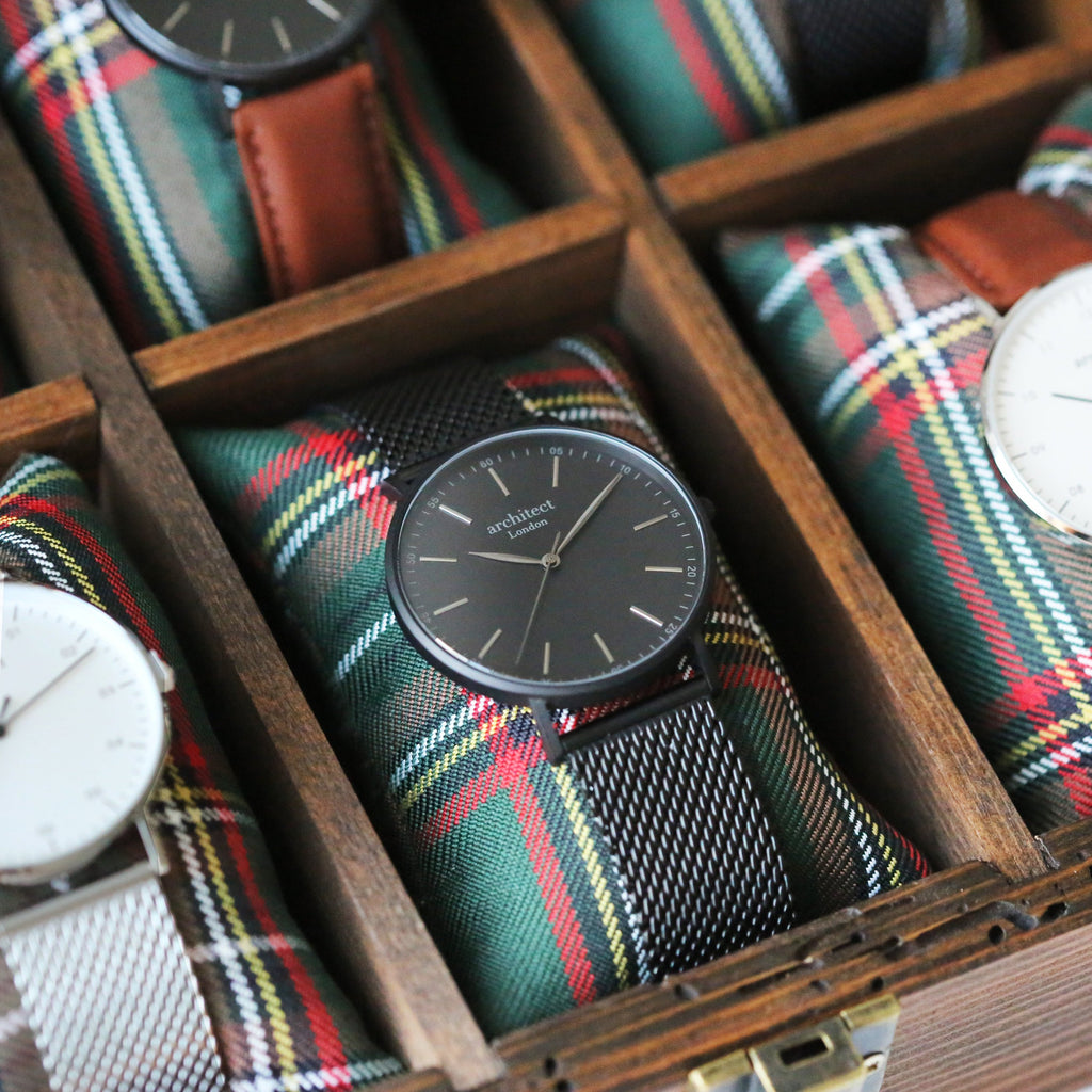 Modern Font Engraving - Men's Minimalist Watch + Pitch Black Mesh