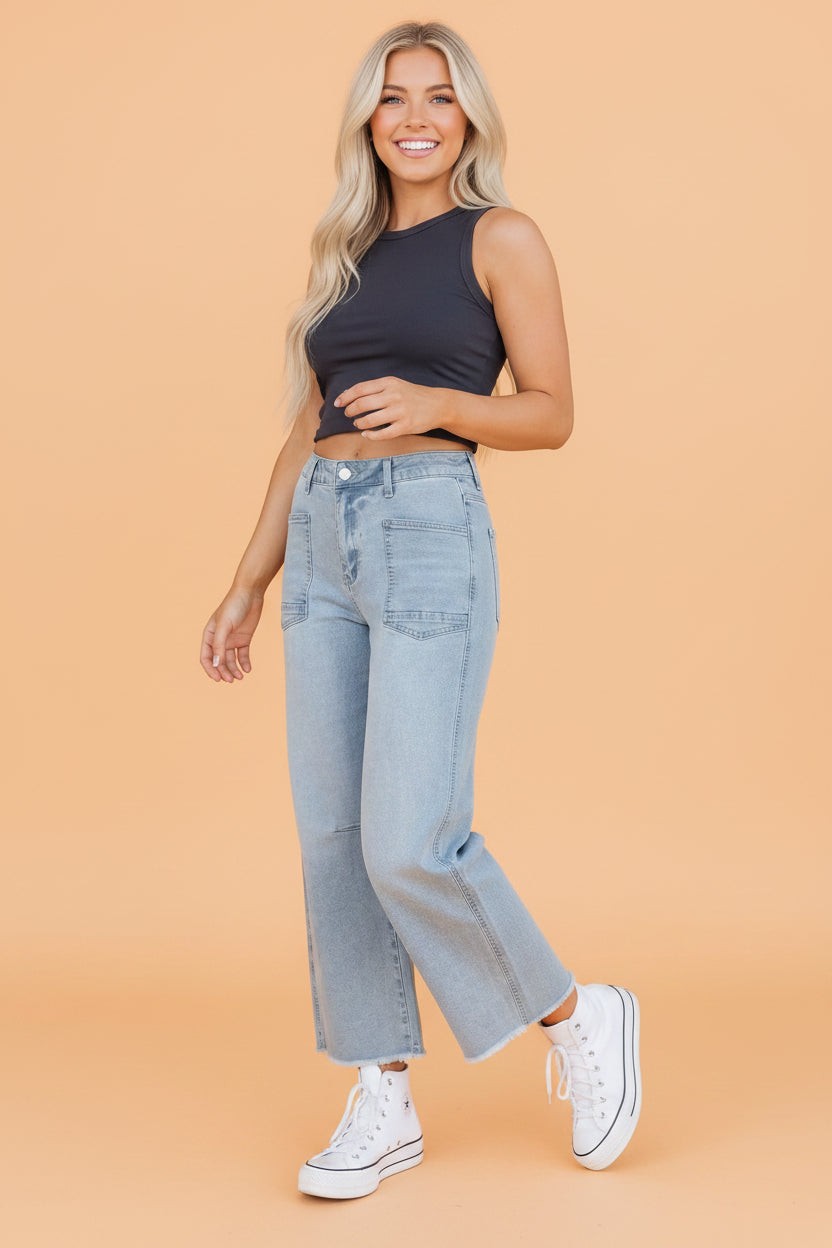 Denim Frayed Hem Cropped Straight Leg Jeans